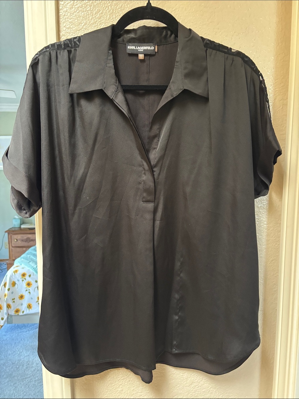Karl Lagerfeld Black Short-Sleeve Collared Blouse with Shoulder Detail